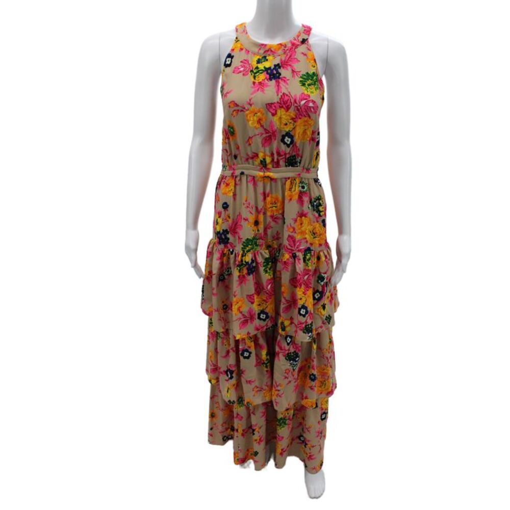 MSGM Women Maxi Floral Round Neck Sleeveless Zip Beige Polyester Dress Size 46